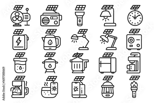 Icons solar lamp household icon speaker maker flashlight heater vector humidifier dock