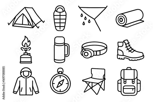 Mat tarp headlamp camping vector icons icon jacket folding weather tent stove