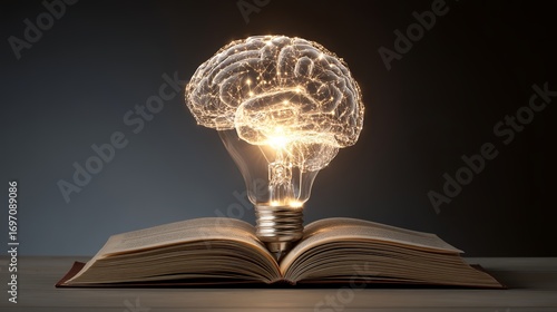 Unlock your mind with a stunning brain lightbulb above an open book, perfect for innovative learning and educational resources online