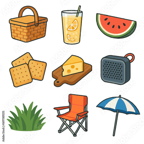 Icons parasol vector essentials basket sliced glass cheese chair crackers icon meadow