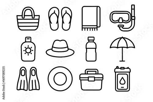 Vector hat towel bottle icon waterproof snorkel bag gear beach case icons