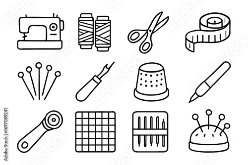 Pins icons set seam measuring vector ripper icon pin machine sewing gear