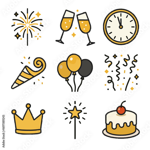 Party clock midnight champagne vector icon shower glittering icons confetti new year