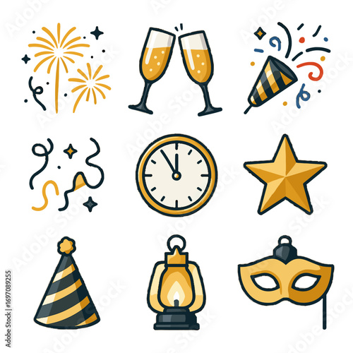 Icons flutes icon lantern new confetti star cannon celebration year midnight party