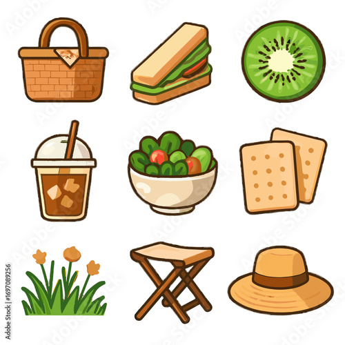 Basket stool icon picnic icons day coffee kiwi bowl wicker folding hat