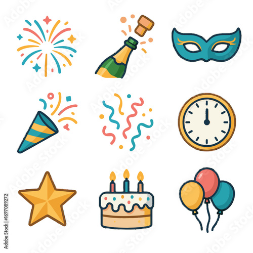 Festive party icons popping icon cork streamer grid vector gold masquerade popper