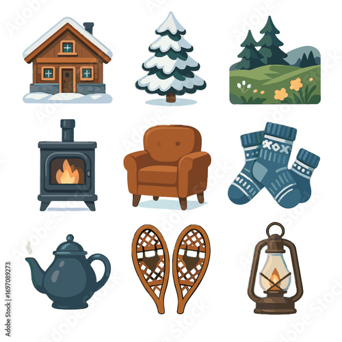 Steaming teapot oil vector knitted icons icon retreat mountain chalet cozy wood