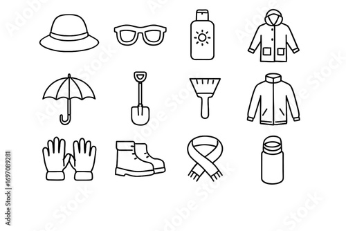 Ice icon bottle sunscreen icons umbrella scarf weather windbreaker gloves outdoor sun
