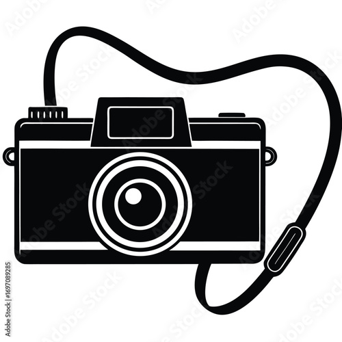 Black Silhouette of a Camera with a Strap and Visible Lens Details black and white photography