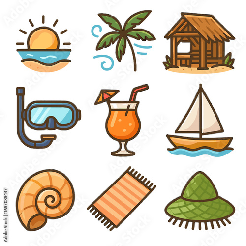 Diving escape drink set icons hut sail breeze tropical vector spiral island