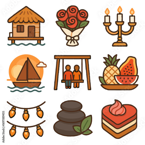 Icons swing getaway fruit sunset romantic icon dessert hut fairy roses ride