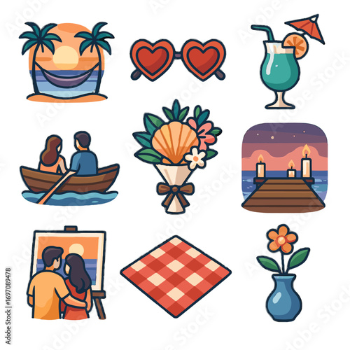 Picnic sunglasses getaway hammock small painting icon icons exotic candlelit bouquet vector