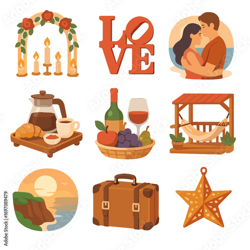 Getaway icon icons sculpture star seashore lantern love fruit vector sunset romantic