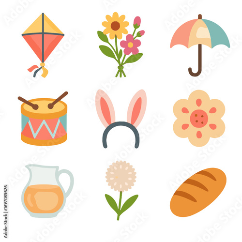 Vector pastel icon festival glass headband parasol icons paper wildflower picnic rabbit