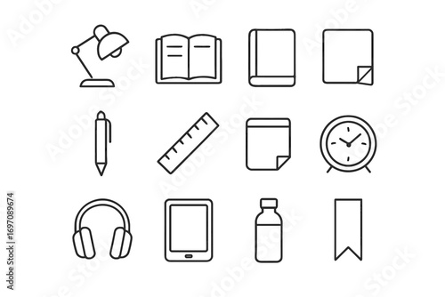 Desk closed lamp note pen vector bookmark essentials minimalist icon notebook bottle
