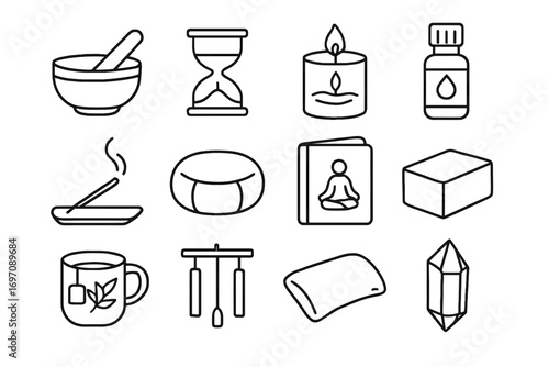 Oil bottle book eye crystal chime holder vector mindfulness icon set incense