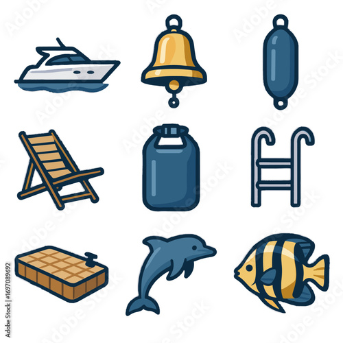 Floating dock boat trip fender icons ship ladder tropical yacht vector bag