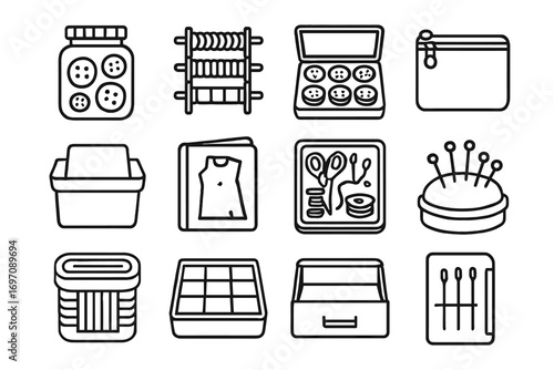 Kit icons bobbin jar vector container tray sewing box organizer icon case