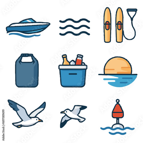 Icon vector trip drinks dry wake flight boat seagull speedboat cooler waves