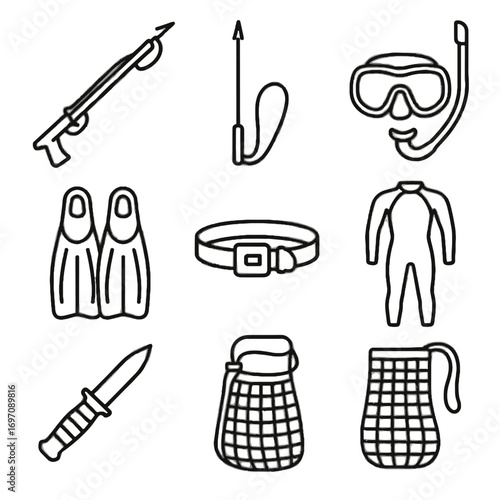 Diving icon gear belt catch icons spearfishing snorkel speargun vector dive knife