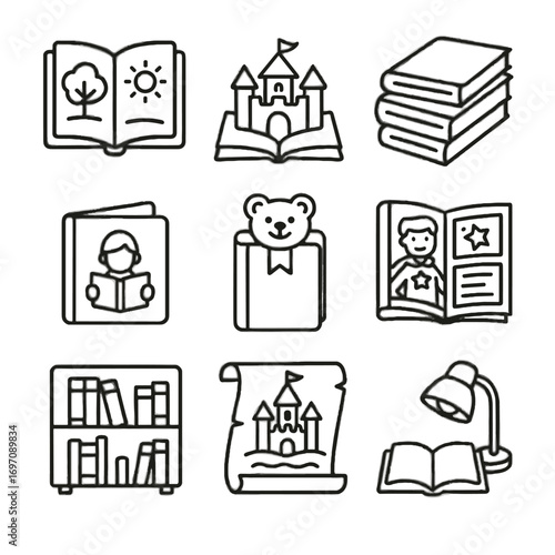 S bedtime vector book lamp reading plush colorful illustrated children icon stack