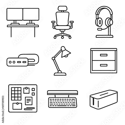 Essentials cable icons filing board vector chair icon keyboard workspace dual docking
