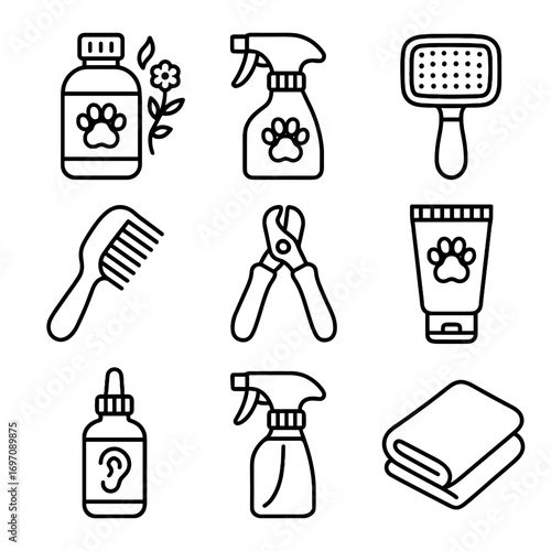 Essentials cleanser conditioner ear vector pet shampoo grooming icon spray coat soft