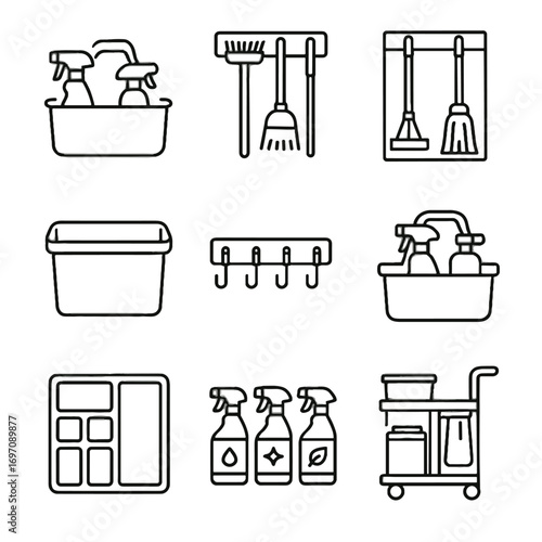 Vector icon mop rolling bin rack caddy spray organized cleaning icons drawer