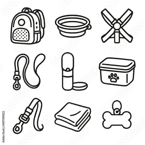 Pet bowl icons backpack travel icon clip belt bottle blanket vector