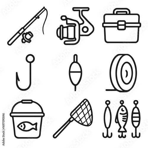 Gear bait fishing icons icon vector float rod hook set reel box