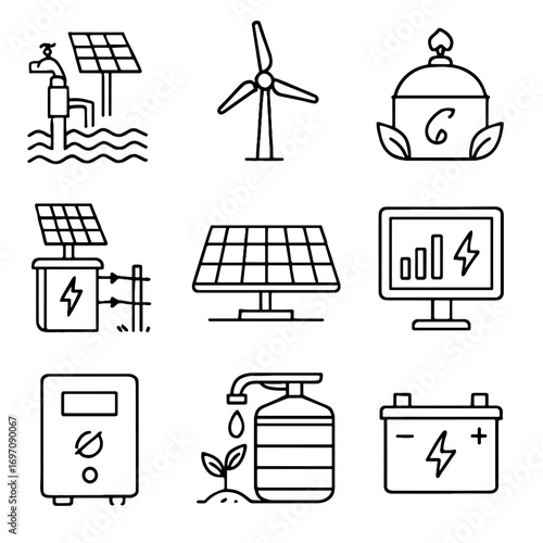Biogas icons harvesting renewable battery hybrid icon turbine inverter pump energy vector