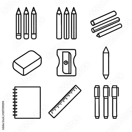 Grid pencils stump pens art icon charcoal vector blending supplies fineliner colored