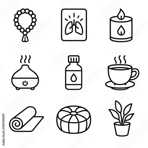 Aroma mindful icon tea icons meditation breathing vector cozy candle exercise scented