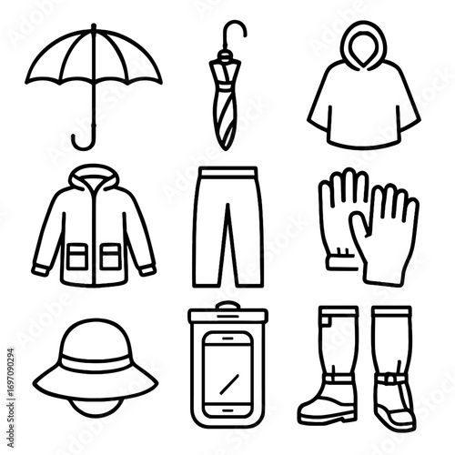 Umbrella waterproof icon gaiters overpants gloves icons compact rain vector protection case