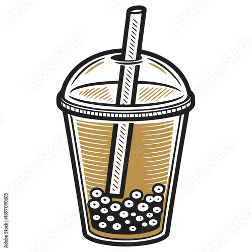 Bubble tea in clear plastic cup with straw and tapioca pearls  