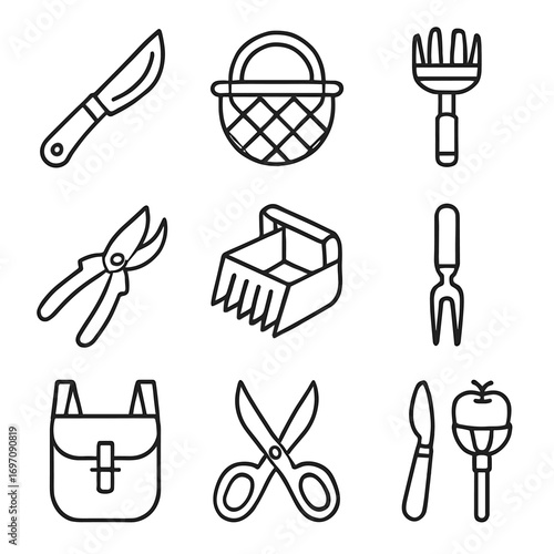 Apple bag shears icons basket fruit icon harvesting picker tools berry vector