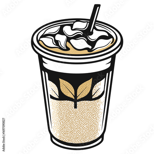 Iced coffee drink in clear plastic cup with straw and whipped cream  