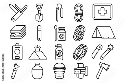 Icon vector survival device bug starter signaling blanket gear kit collapsible icons