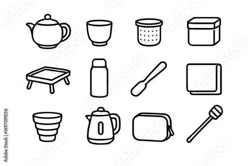Tea folding infuser kit travel icon vector cup kettle tray thermos tin