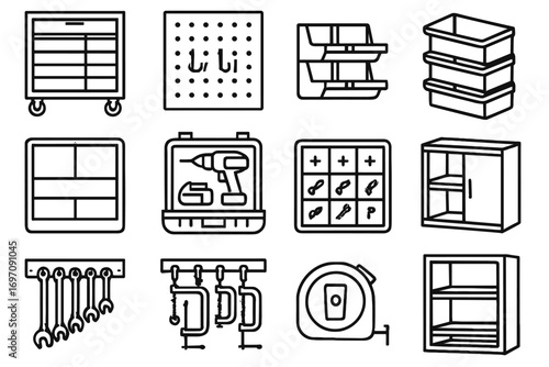 Tool vector cabinet pegboard icon workshop set case holder drawer screw measure