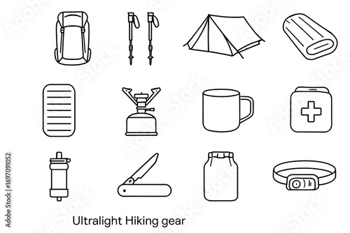 Compact ultralight hiking kit vector tent filter gear pocket icon backpack packable