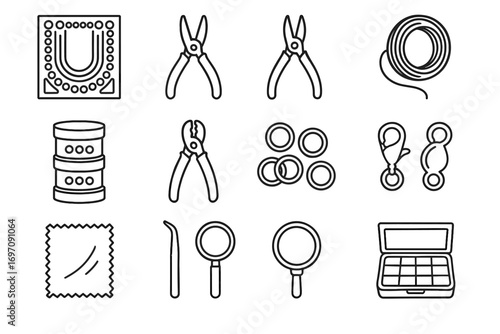 Jewelry crafting icon tools containers rings glass clasps polishing vector board bead