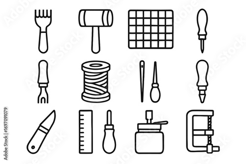 Clamp leather crafting cutting stitching ruler mat vector icon glue icons pot