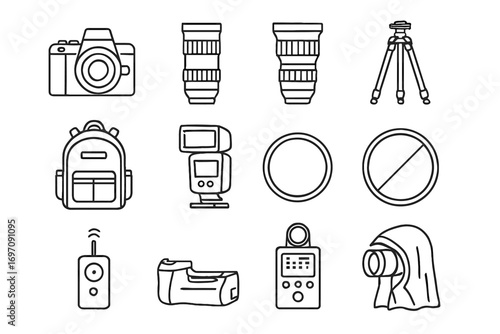 Telephoto cover flash backpack kit tripod icon filter photography trigger vector disc