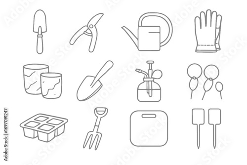 Copper garden seed kneeling glass markers tools designer vector icon soil luxury