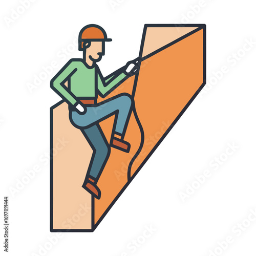 Cartoon man in cap and harness climbing an orange abstract shape climber rock climbing