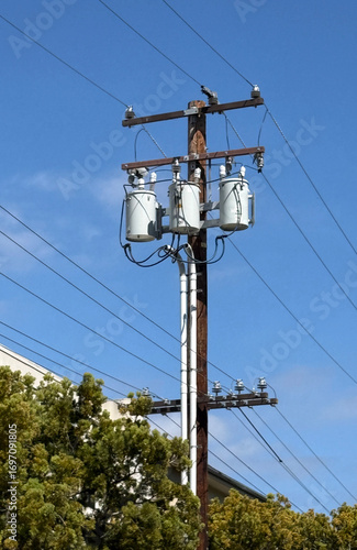Wooden electricity pylon with trees and blue cloud sky