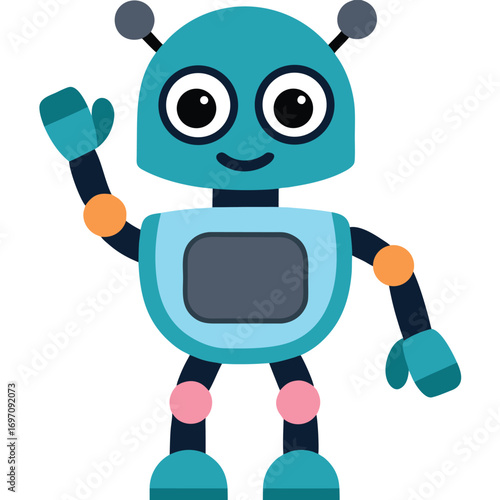 Cute cartoon blue robot waving hello on a white background android cyborg