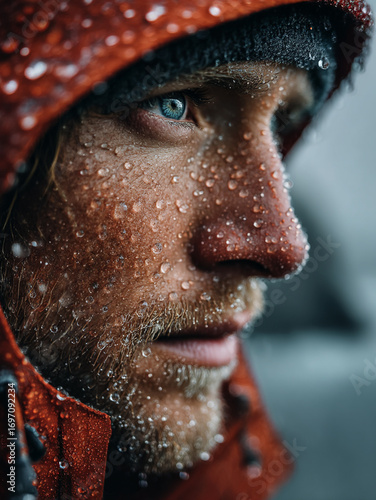 Close-Up Portrait of Man with Blue Eyes and Water Droplets on Face