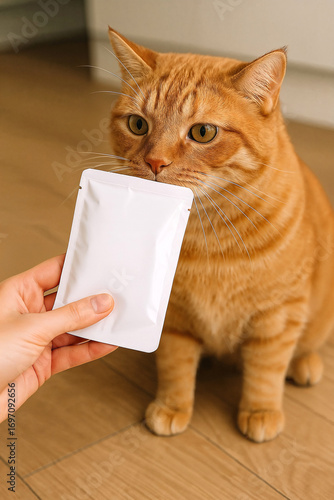 Ginger cat sniffing blank white pouch sachet held by human hand pet food packaging mockup for feline nutrition and treats